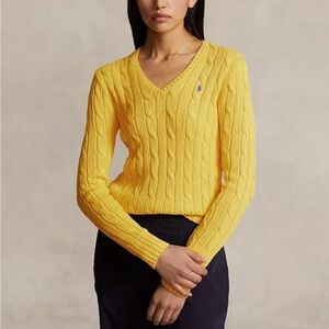 Polo Ralph Lauren Cable-Knit Cotton VNeck Sweater Yellow Pony Purple Sz L